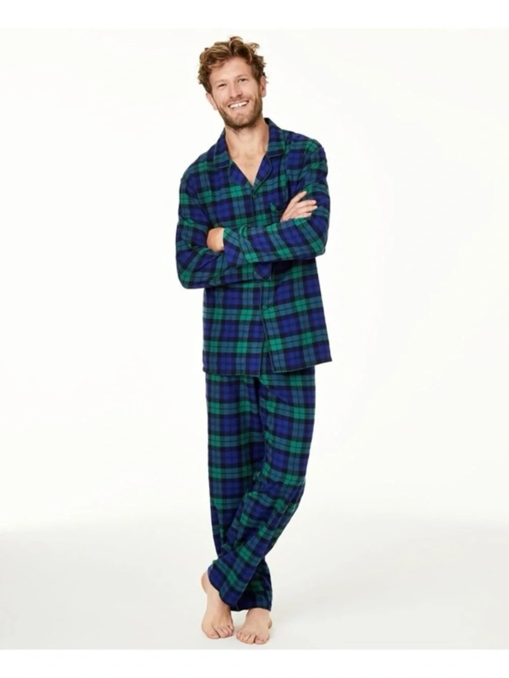 NWT Men’s Plaid Flannel Long sleeve Button Don Shirt Pants Pajama Set Navy XXL